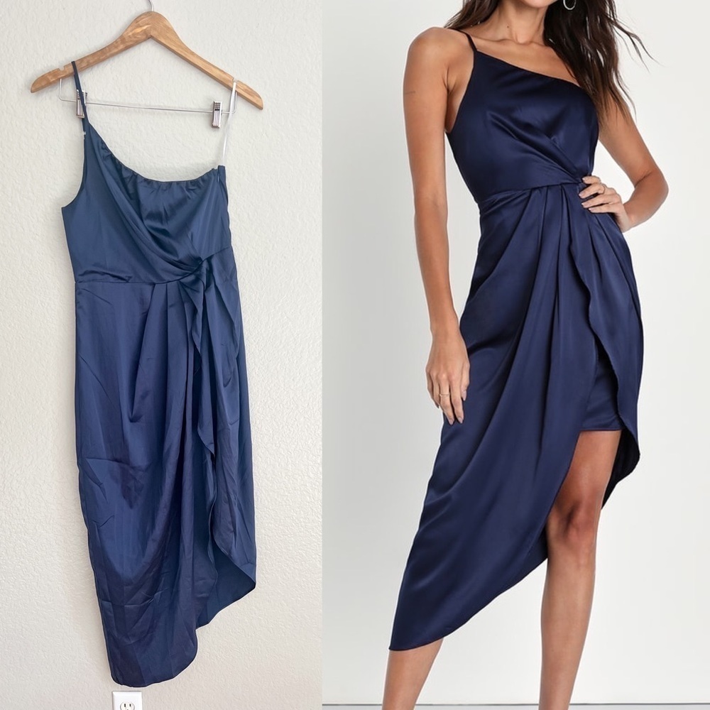 Navy Blue One-Shoulder Asymmetrical Midi Dress M NWOT